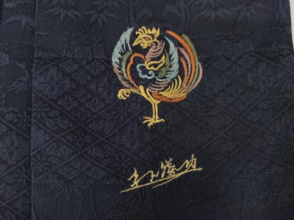 平和屋着物●英王室献上友禅作家　木下勝功　色無地　横段吉祥花地紋　藍鉄色　正絹　逸品　AABH4636ck