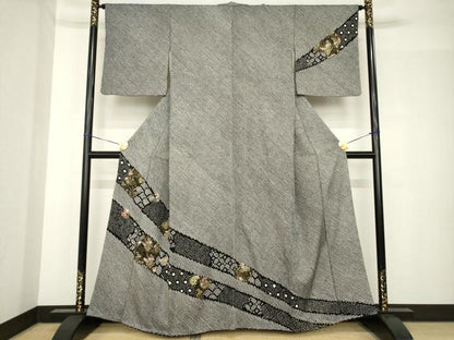 平和屋着物●訪問着　総絞り　刺繍　草花文　黒地　正絹　逸品　AABH4639ck