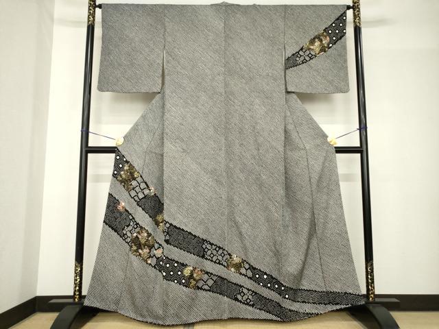 平和屋着物●訪問着　総絞り　刺繍　草花文　黒地　正絹　逸品　AABH4639ck