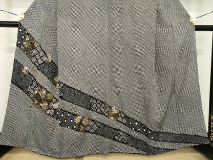 平和屋着物●訪問着　総絞り　刺繍　草花文　黒地　正絹　逸品　AABH4639ck