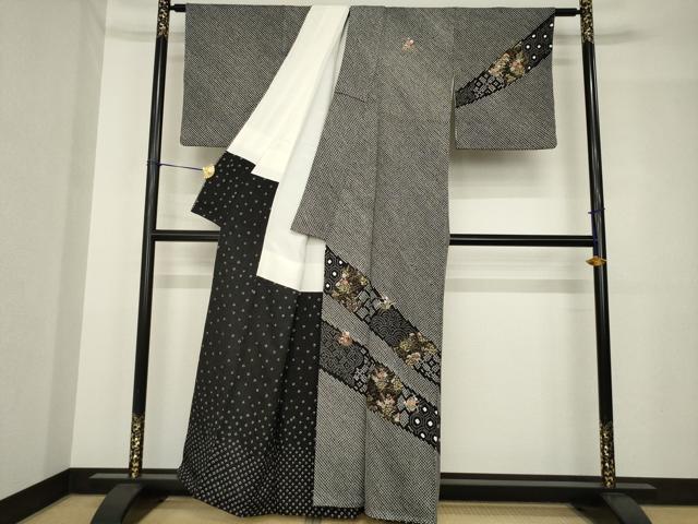平和屋着物●訪問着　総絞り　刺繍　草花文　黒地　正絹　逸品　AABH4639ck