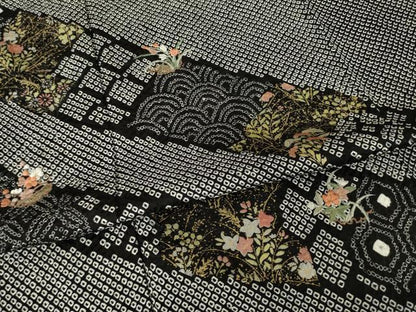平和屋着物●訪問着　総絞り　刺繍　草花文　黒地　正絹　逸品　AABH4639ck