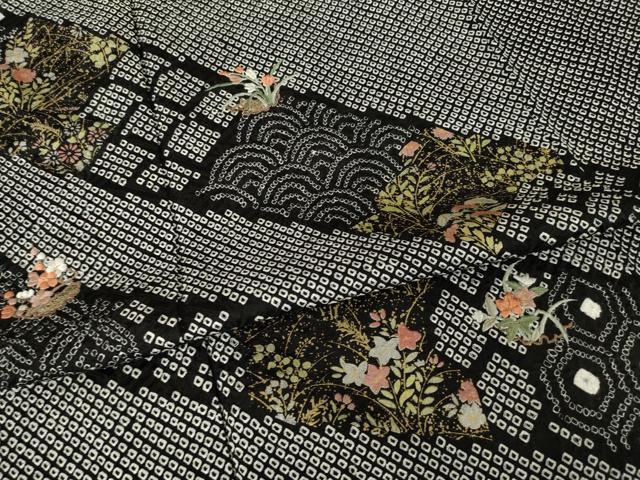 平和屋着物●訪問着　総絞り　刺繍　草花文　黒地　正絹　逸品　AABH4639ck