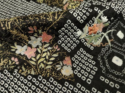 平和屋着物●訪問着　総絞り　刺繍　草花文　黒地　正絹　逸品　AABH4639ck