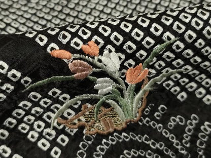 平和屋着物●訪問着　総絞り　刺繍　草花文　黒地　正絹　逸品　AABH4639ck