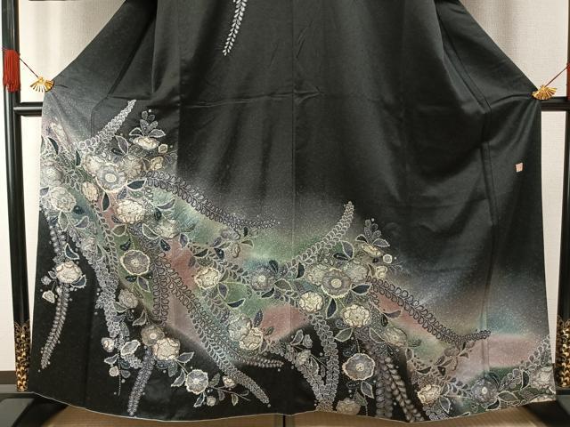 平和屋着物●訪問着　辻が花　暈し染め　黒地　金彩　正絹　逸品　AABG9021ph 平和屋着物○訪問着 作家物 孝美 辻が花 舞花文 正絹 逸品 AABF3610ck