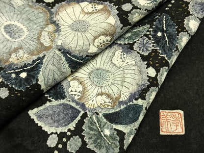 平和屋着物●訪問着　作家物　孝美　辻が花　絞り　暈し染め　黒地　金彩　正絹　逸品　AABH4641fy