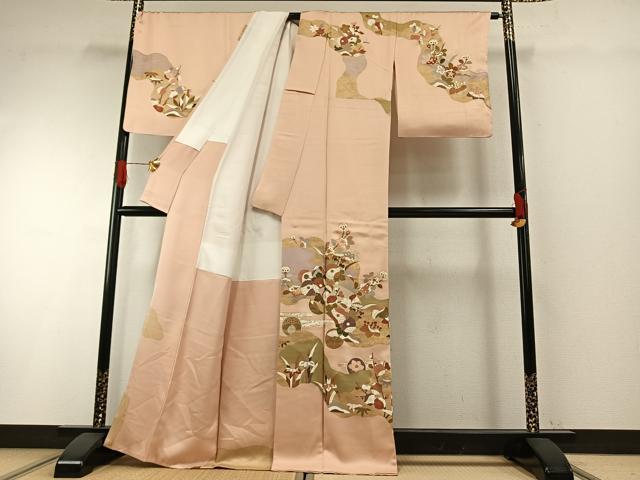 平和屋着物●訪問着　紬地　道長花文　正絹　逸品　AABF5532fy 平和屋着物▽訪問着 単衣 紬地 型染め 藤花房 正絹 逸品 AAAW1370fy