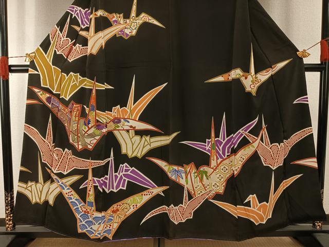 平和屋着物●アンティーク　大正ロマン　訪問着　刺繍　折鶴　黒地　正絹　逸品　AABH4653fy