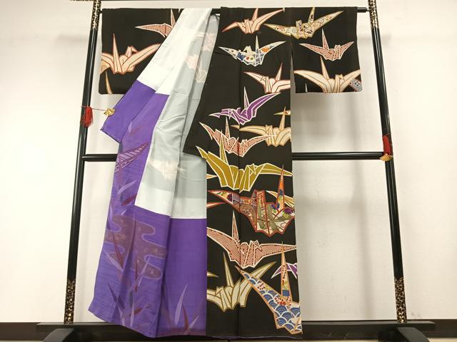 平和屋着物●アンティーク　大正ロマン　訪問着　刺繍　折鶴　黒地　正絹　逸品　AABH4653fy