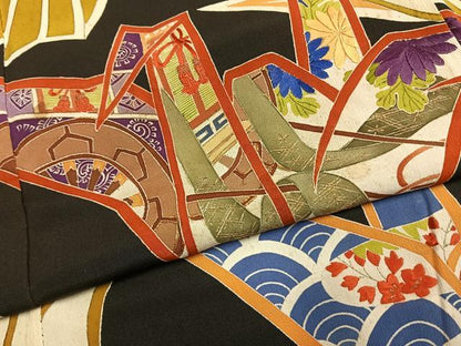 平和屋着物●アンティーク　大正ロマン　訪問着　刺繍　折鶴　黒地　正絹　逸品　AABH4653fy