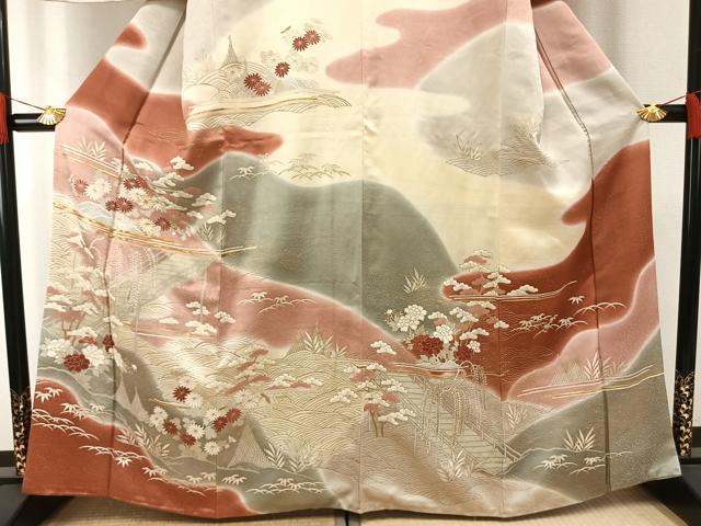 平和屋着物●訪問着　友禅　駒刺繍　草花文　暈し染め　金彩　正絹　逸品　AABH4655fy