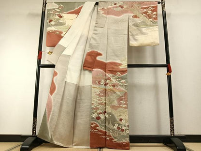 平和屋着物●訪問着　友禅　駒刺繍　草花文　暈し染め　金彩　正絹　逸品　AABH4655fy