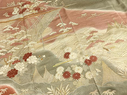 平和屋着物●訪問着　友禅　駒刺繍　草花文　暈し染め　金彩　正絹　逸品　AABH4655fy