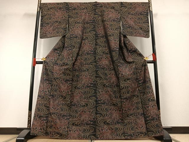 平和屋着物●本場大島紬　流水花文　黒地　正絹　逸品　未使用　AABH4656fy