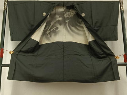 平和屋着物●男性　黒紋付　羽織・長襦袢（袷）セット　正絹　逸品　AABH4657fy