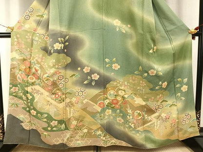 平和屋着物●訪問着　友禅　駒刺繍　草花文　暈し染め　金彩　正絹　逸品　AABH4677fy