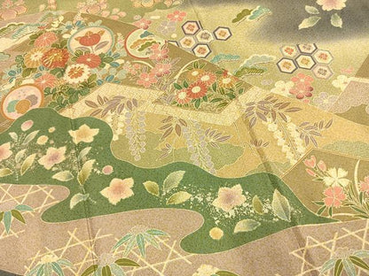 平和屋着物●訪問着　友禅　駒刺繍　草花文　暈し染め　金彩　正絹　逸品　AABH4677fy
