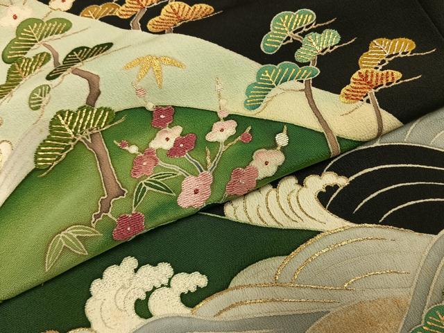 平和屋着物●染刺工芸　大羊居　東京友禅　黒留袖　刺繍　松竹梅　暈し染め　金銀糸　金彩　伊勢丹扱い　正絹　逸品　AABH4679fy