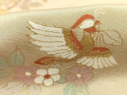平和屋着物●訪問着　友禅　作家物　螺鈿　花鳥文　金彩　正絹　逸品　未使用　AABH4689fy