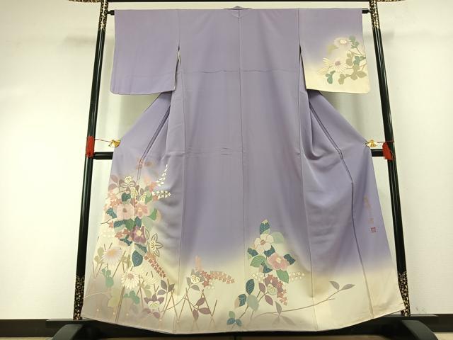 平和屋着物●染色作家　草野一騎　訪問着　枝花文　暈し染め　金彩　正絹　逸品　未使用　AABH4692fy