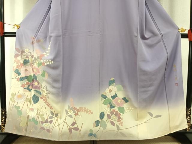平和屋着物●染色作家　草野一騎　訪問着　枝花文　暈し染め　金彩　正絹　逸品　未使用　AABH4692fy
