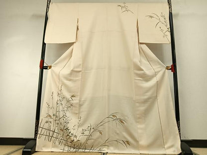 平和屋着物●訪問着　友禅　駒刺繍　草花文　金彩　ロング丈　正絹　逸品　AABH4693fy