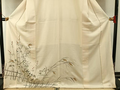 平和屋着物●訪問着　友禅　駒刺繍　草花文　金彩　ロング丈　正絹　逸品　AABH4693fy