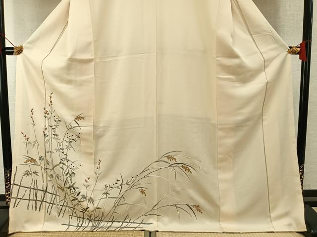 平和屋着物●訪問着　友禅　駒刺繍　草花文　金彩　ロング丈　正絹　逸品　AABH4693fy