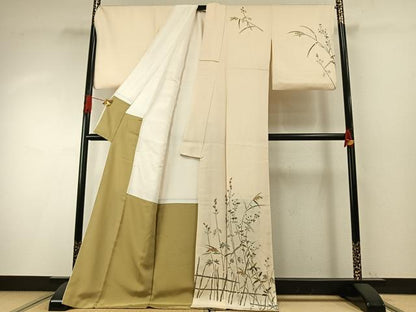 平和屋着物●訪問着　友禅　駒刺繍　草花文　金彩　ロング丈　正絹　逸品　AABH4693fy