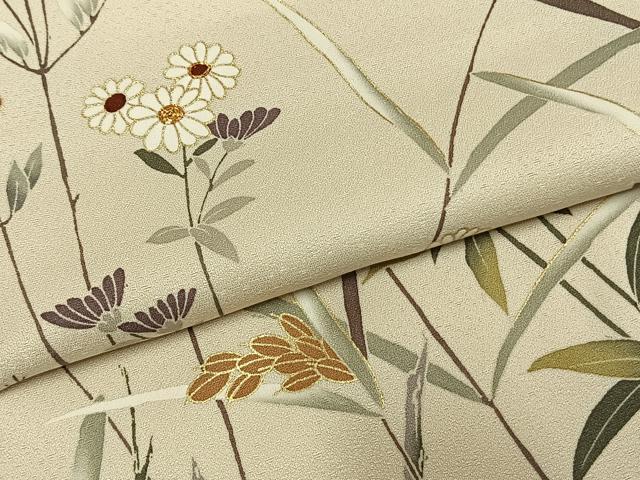 平和屋着物●訪問着　友禅　駒刺繍　草花文　金彩　ロング丈　正絹　逸品　AABH4693fy