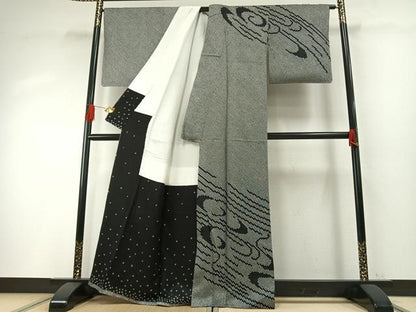 平和屋着物●訪問着　総絞り　流水文　黒地　正絹　逸品　AABH4694fy