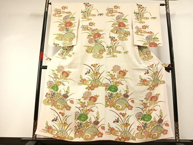 平和屋着物●訪問着　型染め　草花文　正絹　逸品　AABH4701fy