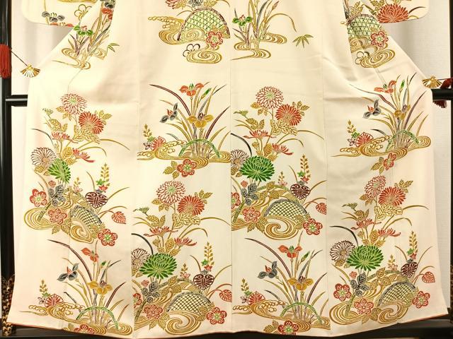 平和屋着物●訪問着　型染め　草花文　正絹　逸品　AABH4701fy