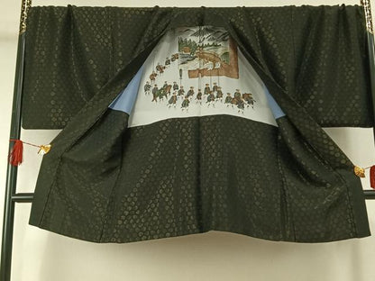 平和屋着物●男性　黒紋付　羽織セット　亀甲文　キングサイズ　正絹　逸品　AABH4703fy