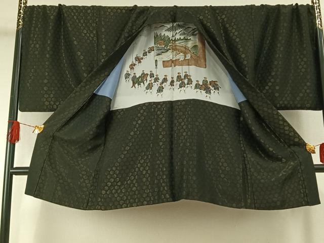 平和屋着物●男性　黒紋付　羽織セット　亀甲文　キングサイズ　正絹　逸品　AABH4703fy