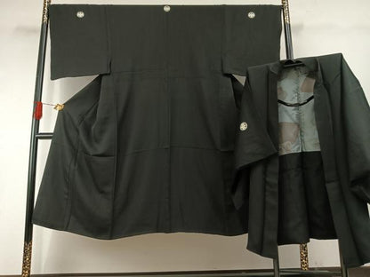 平和屋着物●男性　黒紋付　羽織セット　正絹　逸品　AABH4706fy