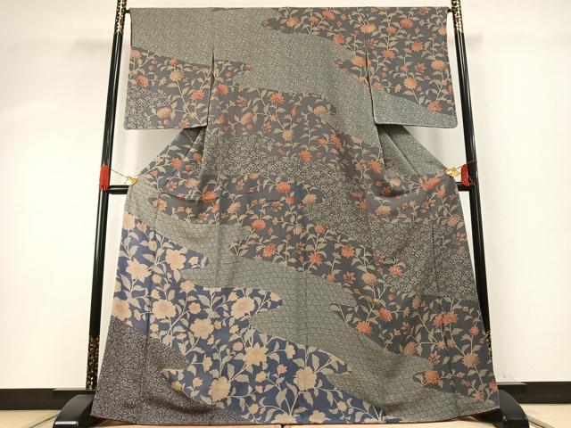 平和屋着物●訪問着　型染め　草花文　鬼しぼ縮緬　正絹　逸品　AABH4709fy