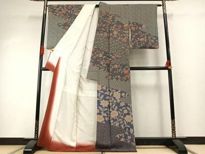 平和屋着物●訪問着　型染め　草花文　鬼しぼ縮緬　正絹　逸品　AABH4709fy