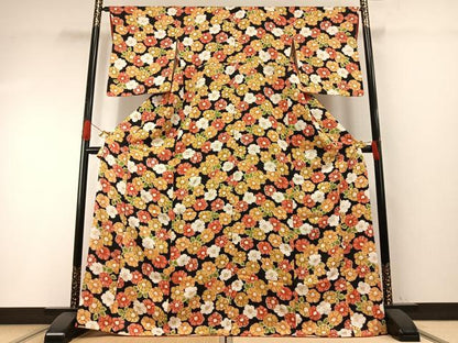 平和屋着物●上質な小紋　草花文　黒地　正絹　逸品　AABH4727fy