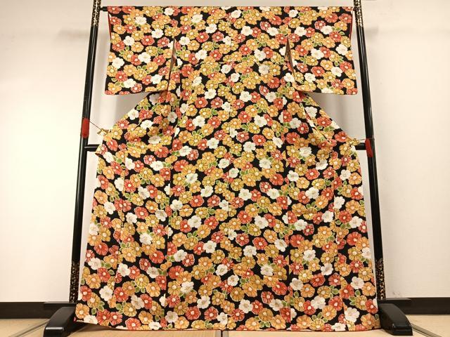 平和屋着物●上質な小紋　草花文　黒地　正絹　逸品　AABH4727fy