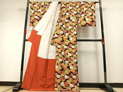 平和屋着物●上質な小紋　草花文　黒地　正絹　逸品　AABH4727fy