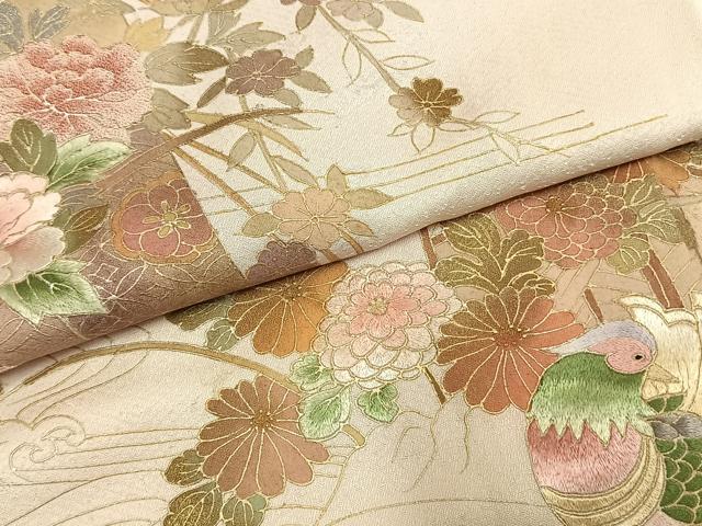 平和屋着物●訪問着　刺繍　花鳥文　暈し染め　金彩　正絹　逸品　AABH4735fy