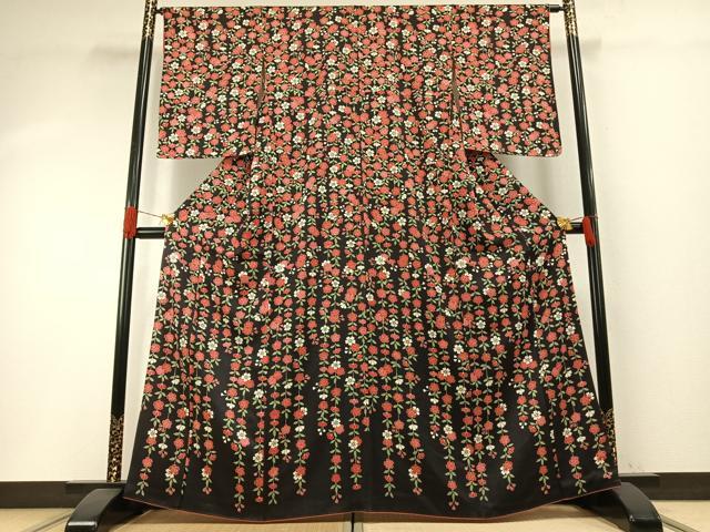 平和屋着物●訪問着　枝垂れ桜　夜桜　黒地　正絹　逸品　未使用　AABH4765fy