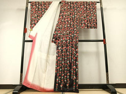 平和屋着物●訪問着　枝垂れ桜　夜桜　黒地　正絹　逸品　未使用　AABH4765fy