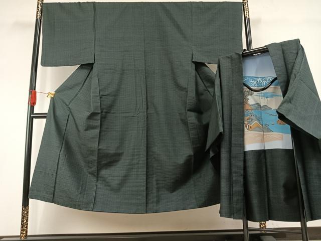平和屋着物●男性　紬　アンサンブル　格子　正絹　逸品　AABH4775fy
