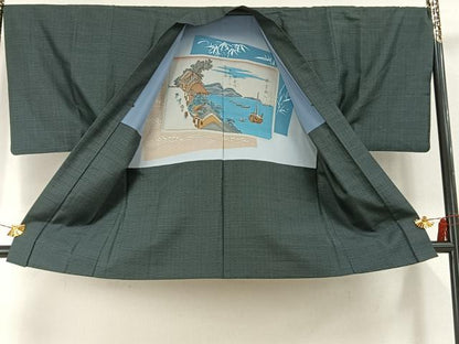 平和屋着物●男性　紬　アンサンブル　格子　正絹　逸品　AABH4775fy