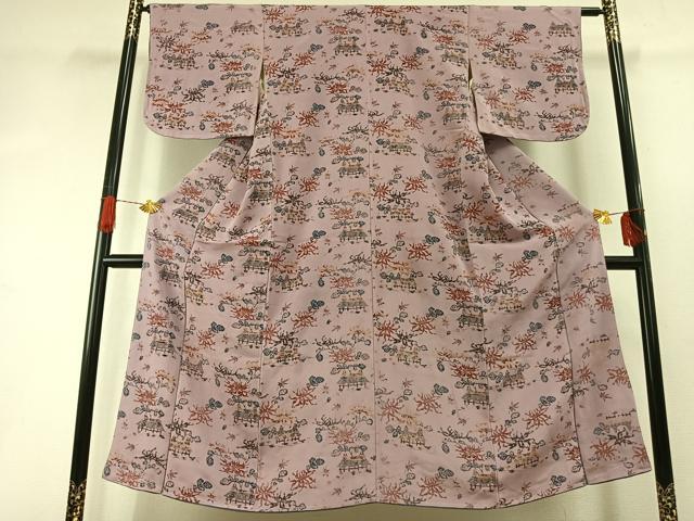 平和屋着物●上質な小紋　型染め　風景花文　鬼しぼ縮緬　正絹　逸品　AABH4789fy 平和屋着物▽上質な小紋 単衣 型染め 風景花文 鬼しぼ縮緬 やまと誂製