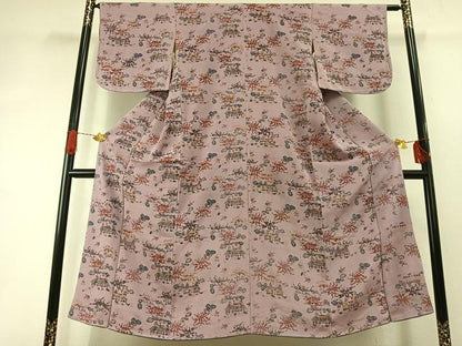 平和屋着物●上質な小紋　型染め　風景花文　鬼しぼ縮緬　正絹　逸品　AABH4789fy
