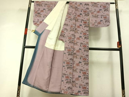 平和屋着物●上質な小紋　型染め　風景花文　鬼しぼ縮緬　正絹　逸品　AABH4789fy